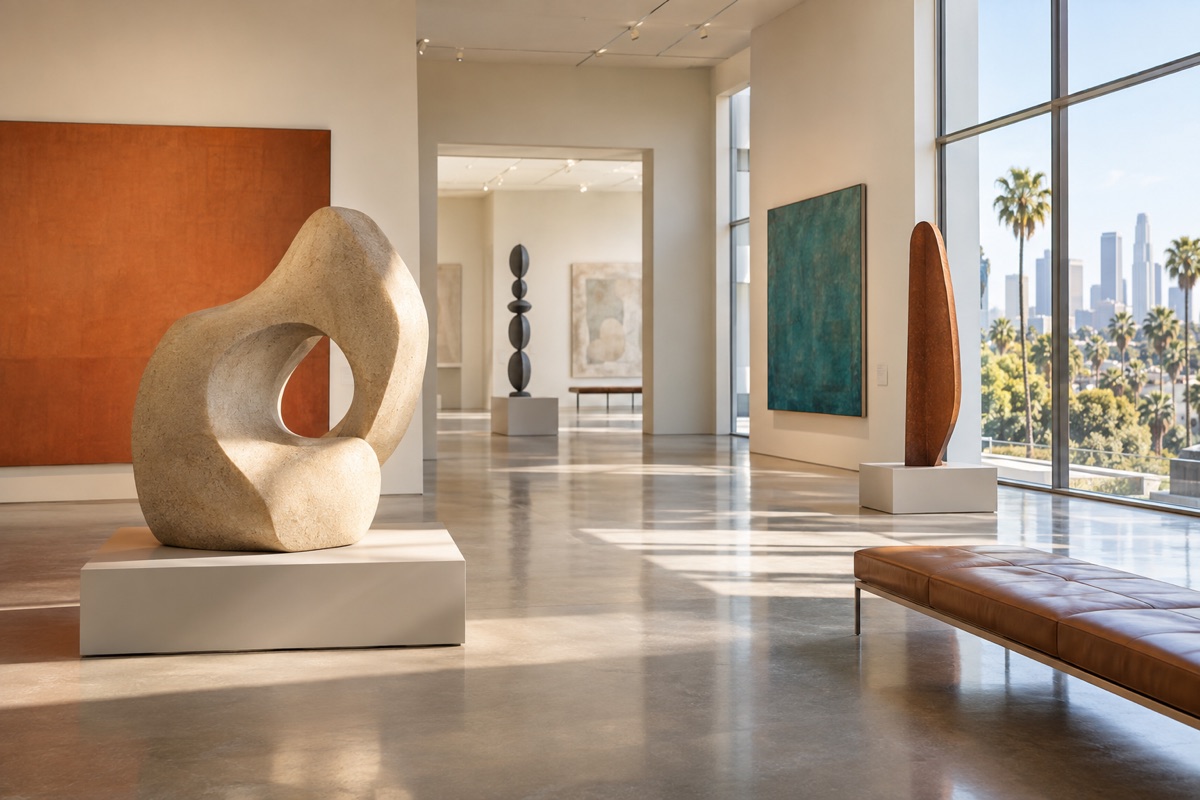 Sunlit contemporary art gallery with abstract sculptures